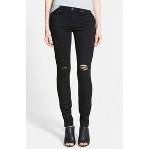 NWT Womens Paige Denim 32 Black Overdye Verdugo Ankle New Jeans Slashed Knees US